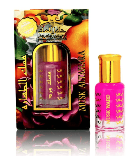 A product image featuring a perfume oil bottle with a gold-colored cap