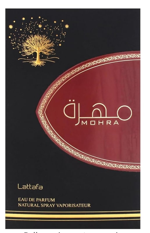 Lattafa Mohra perfume packaging with tree design on a black background