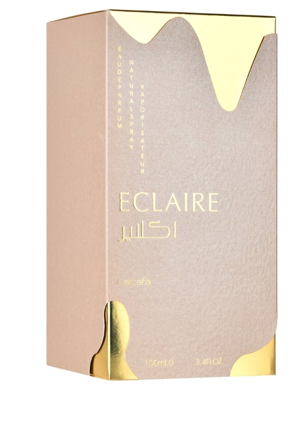 Eclaire perfume box with gold accents on a white background