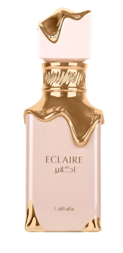 Lattafa Eclaire perfume bottle with gold cap and base on a white background