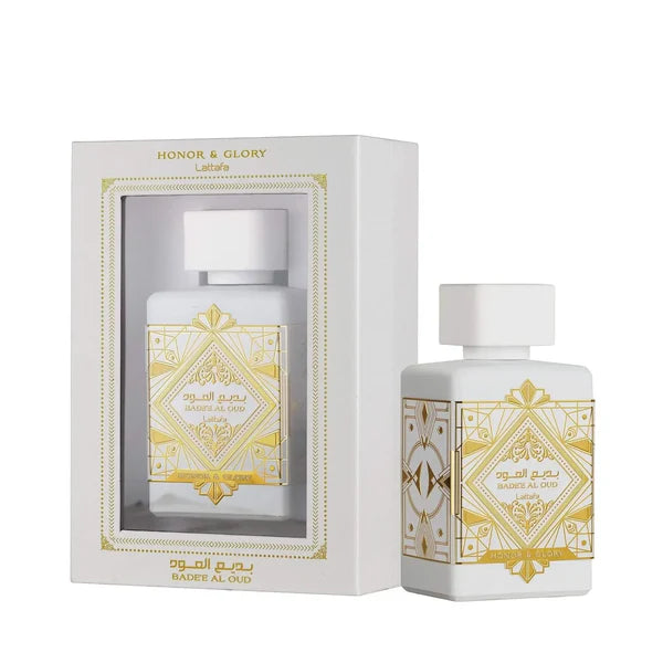Badee Al Oud Honor & Glory, Lattafa perfumes, unisex oud fragrance, warm spicy perfume, pineapple and oud scent, luxury Arabic perfumes, long-lasting oriental fragrance, premium niche alternative, best Arabian perfume, sandalwood and vanilla cologne.