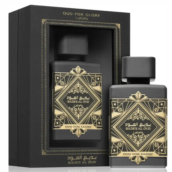 Badee Al Oud Oud for Glory, Lattafa perfumes, unisex oud perfume, long-lasting Arabic perfume, warm spicy fragrance, saffron and oud cologne, patchouli and musk scent, luxury Arabian perfumes, niche perfume alternative, bold evening fragrance.