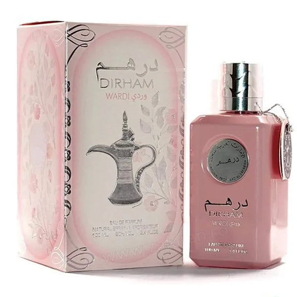 Dirham Wardi perfume, Ard Al Zaafaran fragrances, fruity floral perfume, rose and musk perfume, long-lasting Arabic perfume, feminine fragrance, elegant sweet scent, best oud perfumes for women, floral oriental fragrance, luxurious perfume for women.