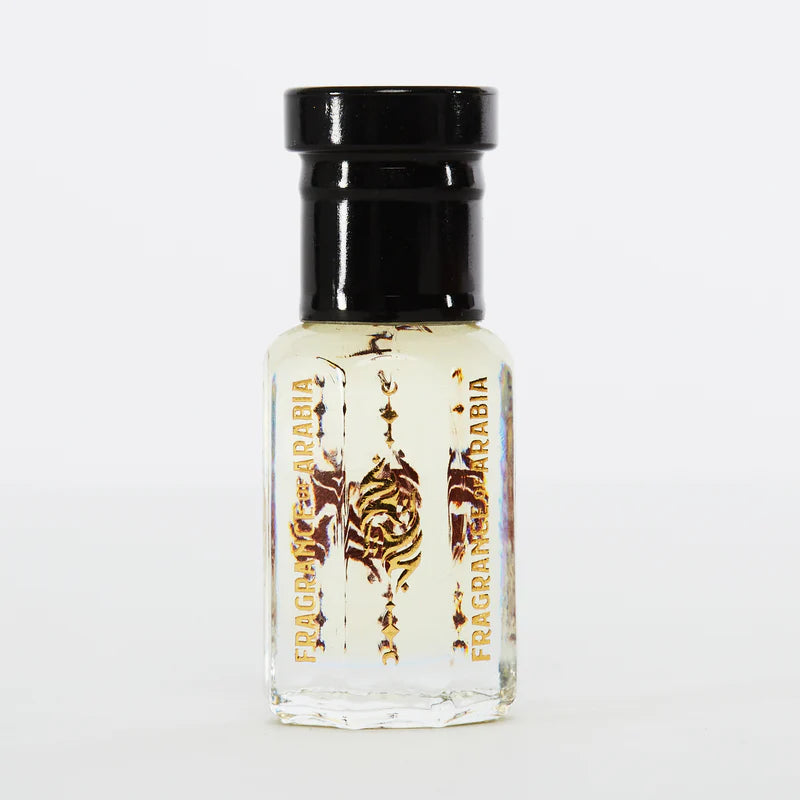 A small, clear bottle of perfume with a black cap, labeled 'Fragrances d'Arabia'