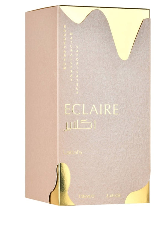 Eclaire perfume box with gold accents on a white background