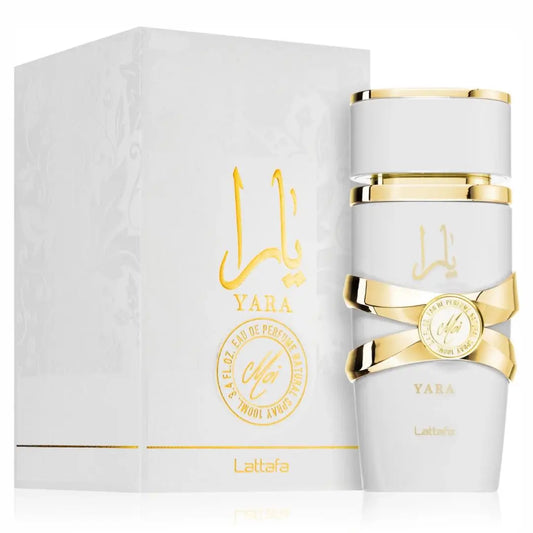 Yara Moi perfume, Yara White Lattafa, jasmine and peach fragrance, floral gourmand perfume, amber and caramel scent, long-lasting Lattafa perfume, luxury Arabic fragrance, sandalwood and patchouli perfume, sweet and warm fragrance for women, elegant feminine perfume.